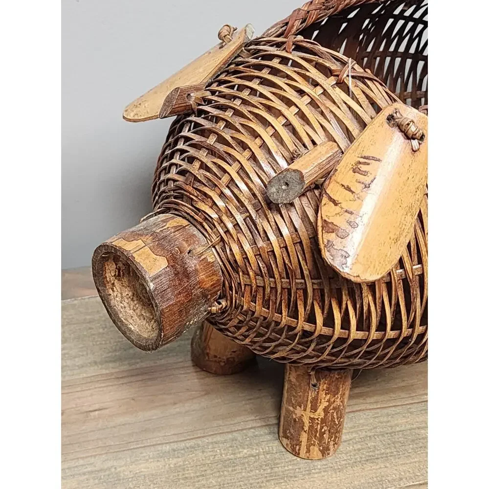 Basketville Hand Woven Wicker and Bamboo Pig Basket Planter